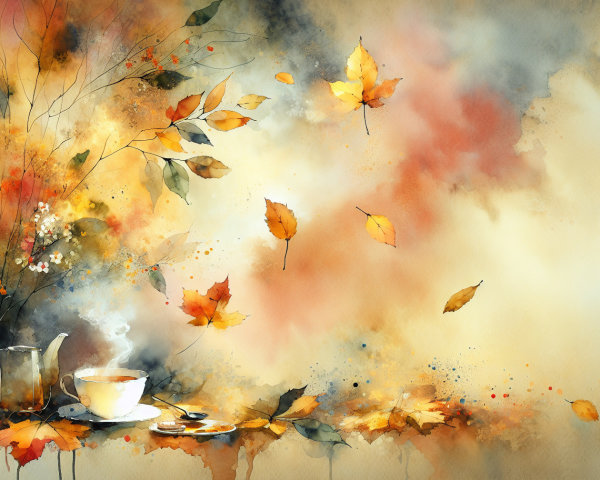 Autumn Scene with Tea and Watercolor Leaves