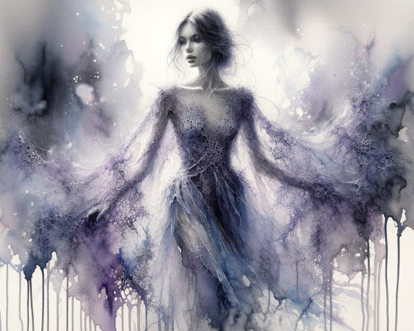 Ethereal Figure in Flowing Gown with Watercolor Effects