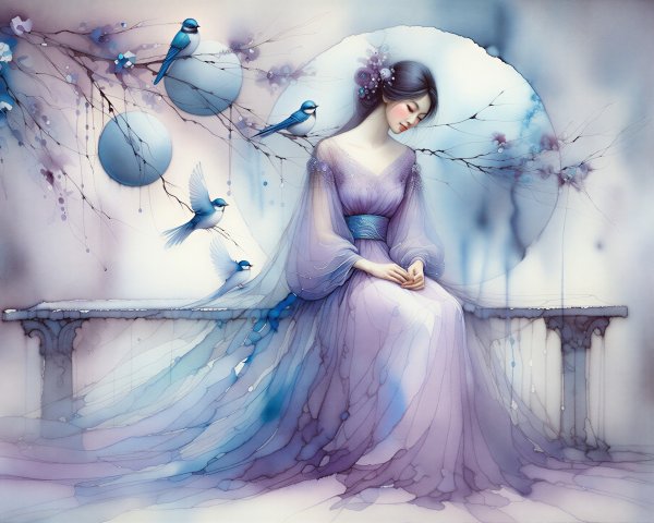 Serene Watercolor Scene of Woman and Nature