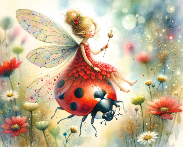 Whimsical Fairy on Ladybug in Dreamy Garden Scene