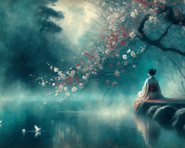 Tranquil Lake Scene with Cherry Blossoms and Swans