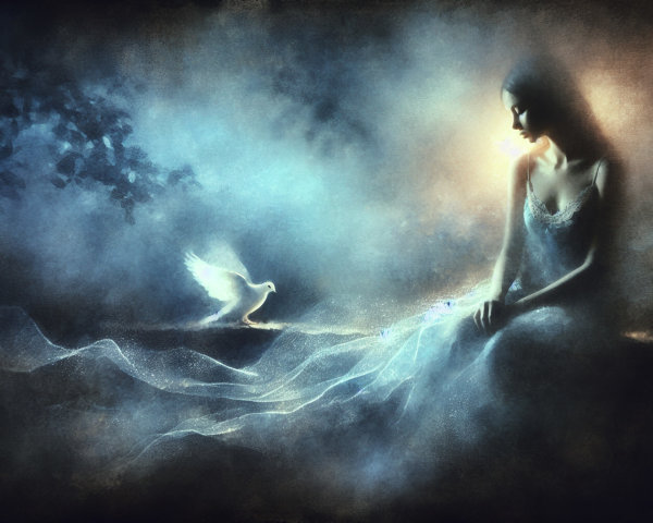 Serene Scene of Woman and Dove in Dreamlike Hues