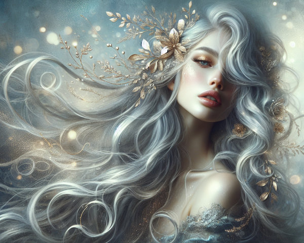 Ethereal Portrait of Woman with Silver Hair and Lights