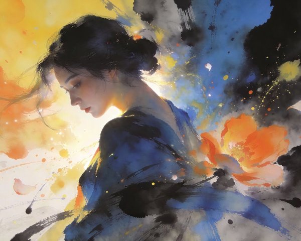 Pale-Skinned Woman in Dark Blue Kimono with Abstract Background