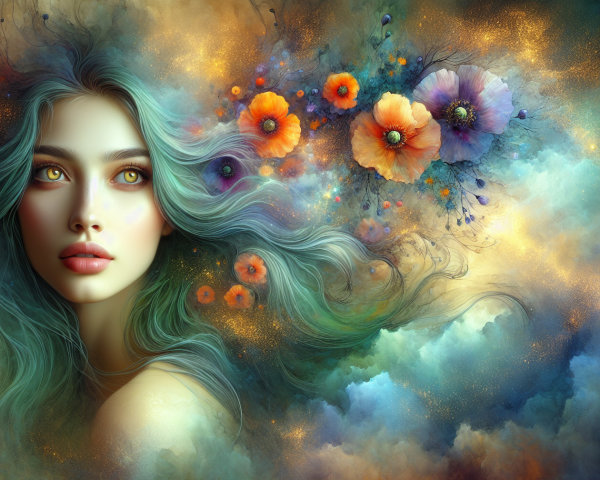 Mystical Woman with Turquoise Hair and Vibrant Flowers