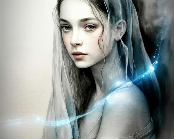 Young girl with veil and ethereal colors in portrait