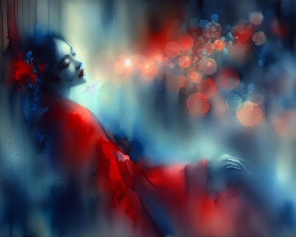 Watercolor Scene of Serene Figure in Red Cloak