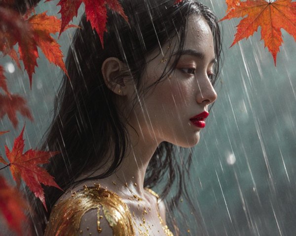 Young woman in rain with autumn leaves backdrop