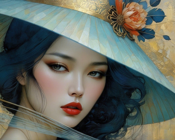 Elegant Woman with Conical Hat and Vibrant Flower