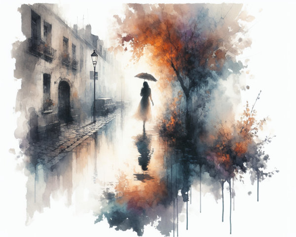 Watercolor Scene of Figure on Cobblestone Street