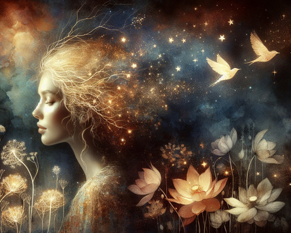 Whimsical depiction of a woman with starry hair