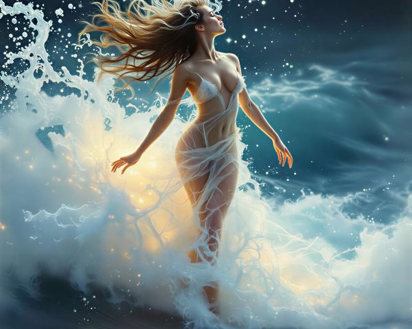 Digital Painting of a Woman Amidst Ethereal Waves