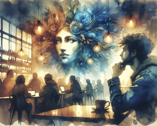 Watercolor Café Scene with Mural and Warm Lighting