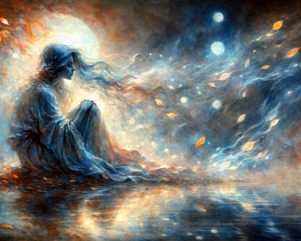 Serene figure by water in a dreamy landscape scene