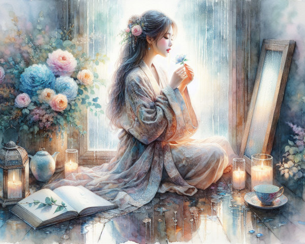 Serene Woman in Kimono by Sunlit Window with Flowers