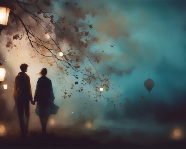 Couple Silhouetted in Misty Autumn Scene with Lanterns