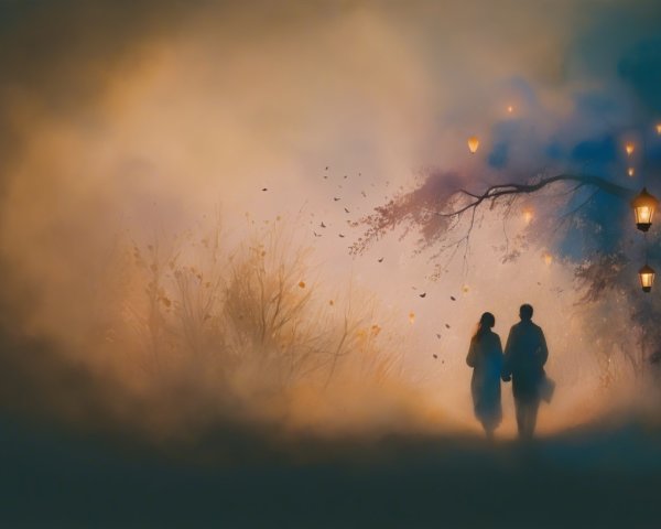 Serene Evening Scene of a Couple on a Misty Path