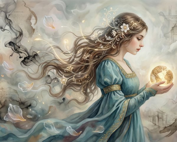 Medieval Woman in Teal Dress with Golden Globe