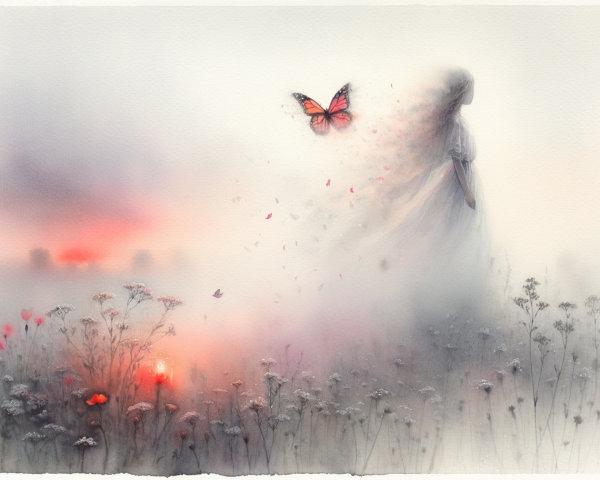 Serene Dreamlike Scene with Flowing Dress and Flowers