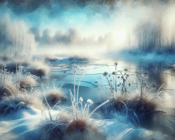 Winter Wonderland with Frozen Canal and Dense Forest