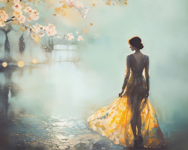 Woman in Floral Gown by Tranquil Water and Blossoms