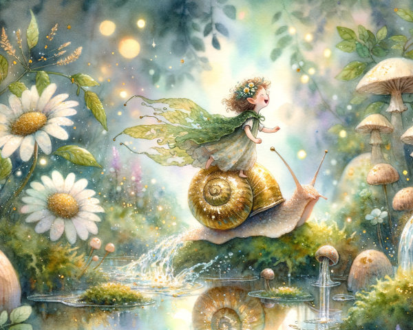 Whimsical Fairy Riding Giant Snail in Enchanted Forest