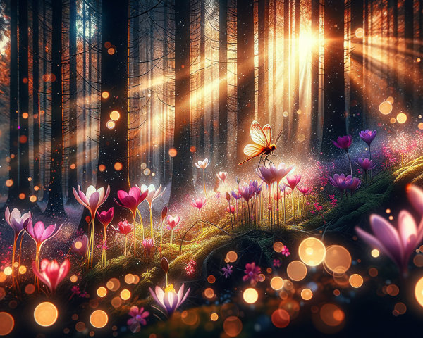 Serene Forest Scene with Sunlight and Vibrant Flowers