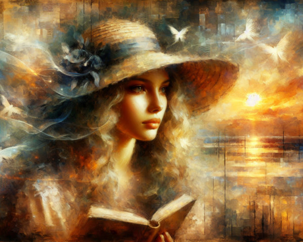 Young woman in straw hat with book and doves at sunset