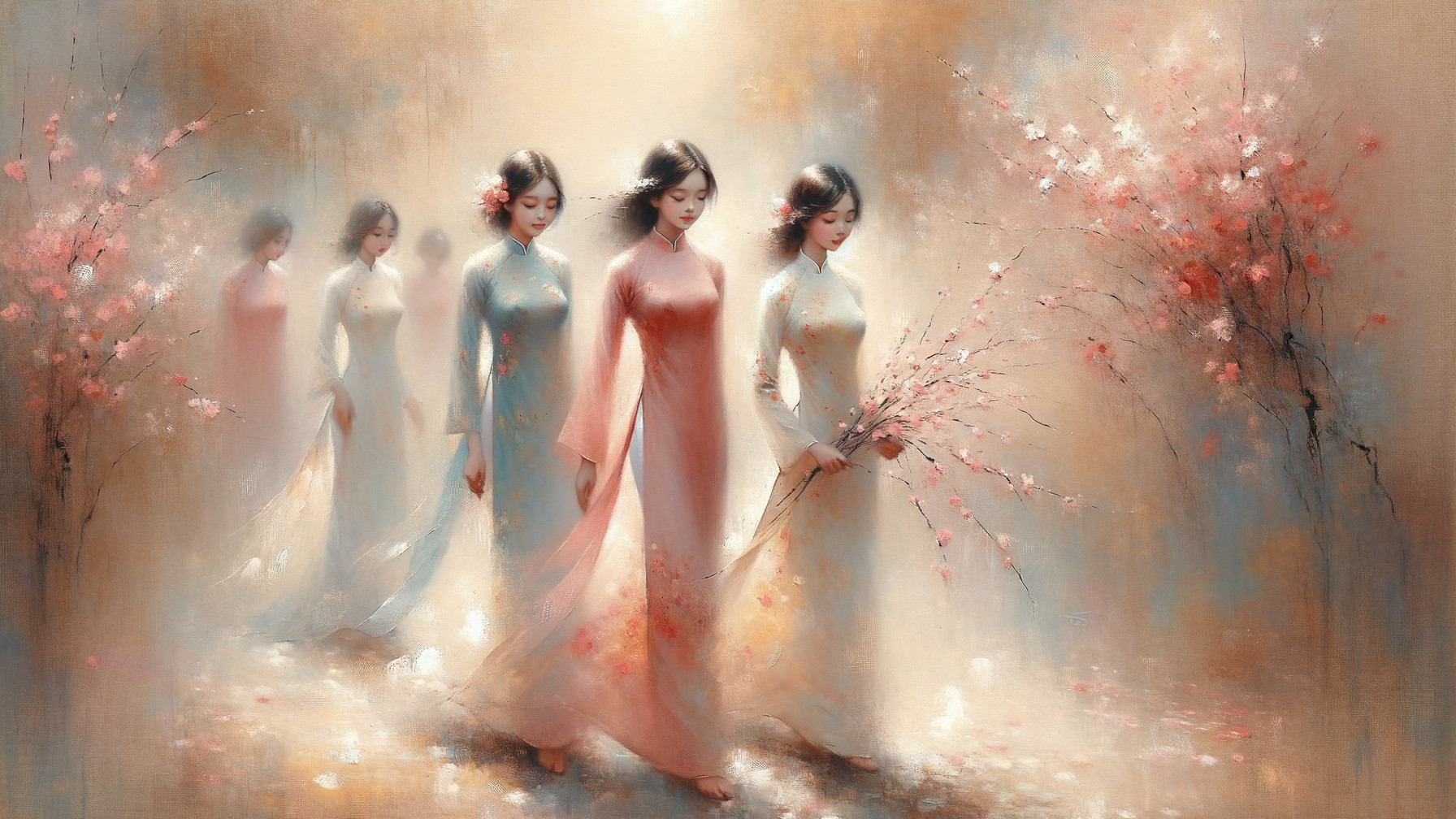Elegant Women in Flowing Garments in Dreamy Landscape