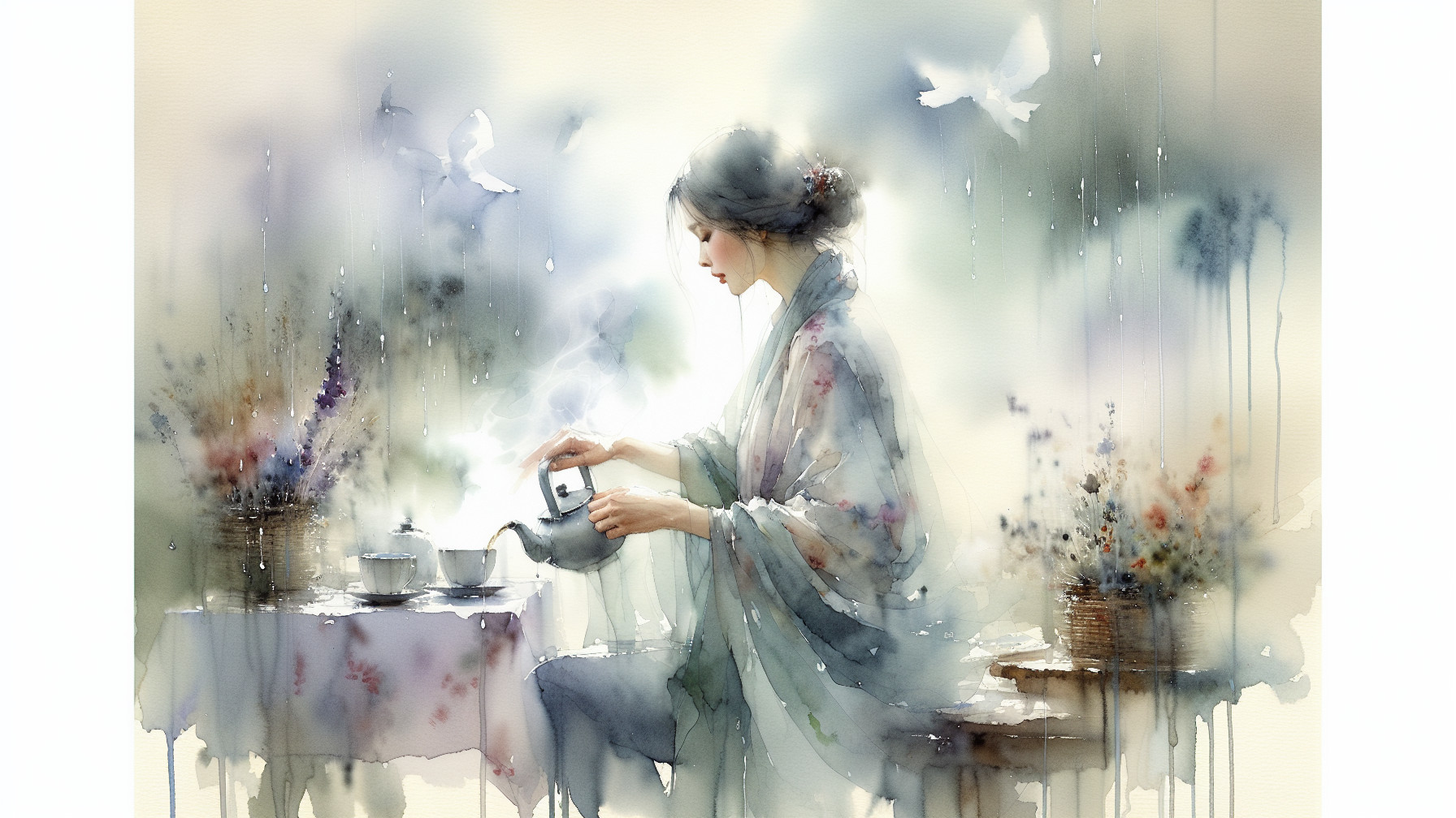 Watercolor Scene of Woman Pouring Tea at Table