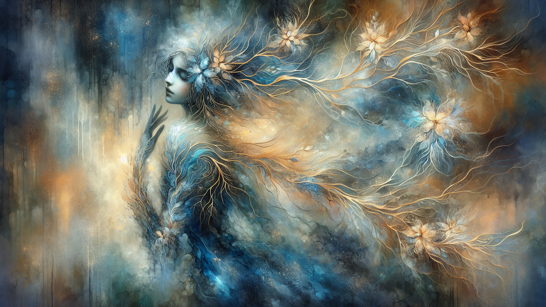 Ethereal Figure in Dreamlike Blues and Golds