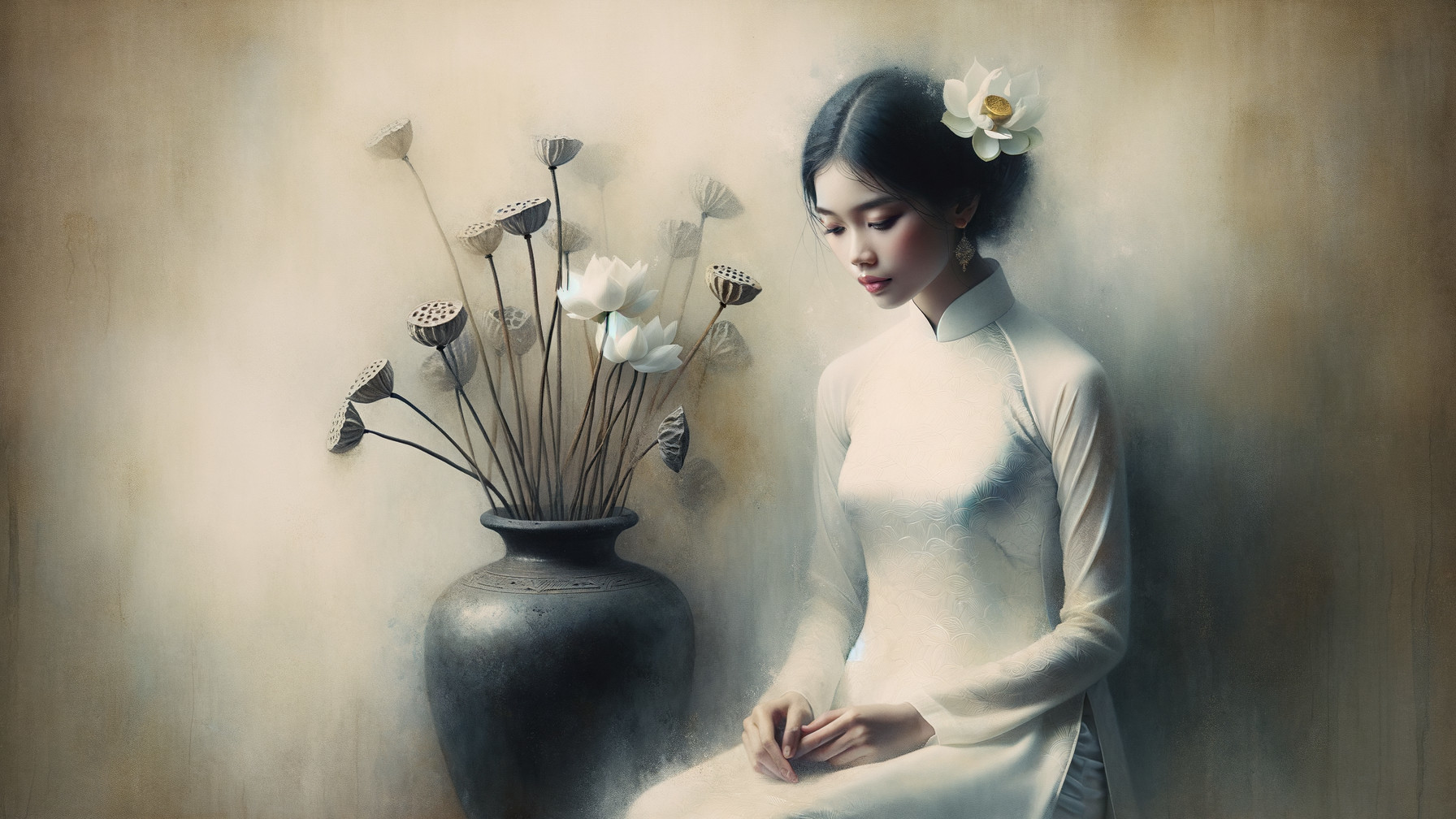 Serene woman in white dress with lotus flowers