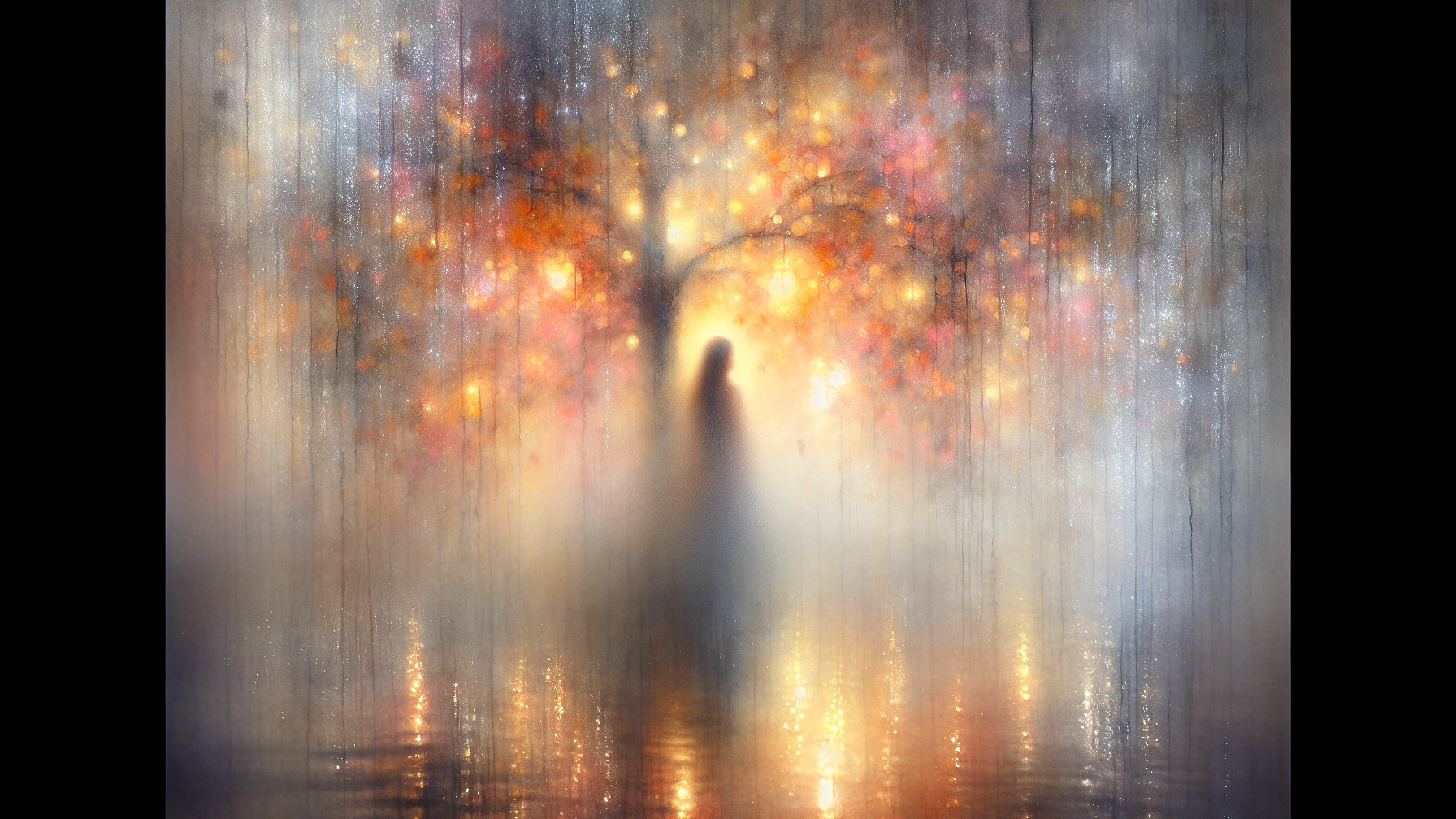 Dreamlike scene with silhouetted figure and vibrant tree