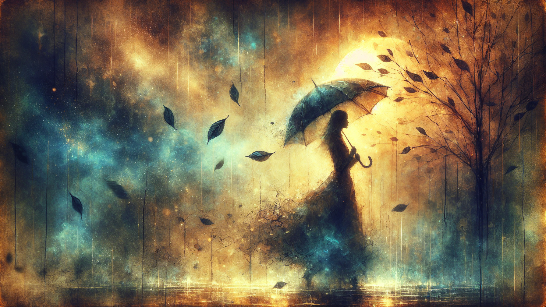 Serene silhouette of a woman with umbrella at night