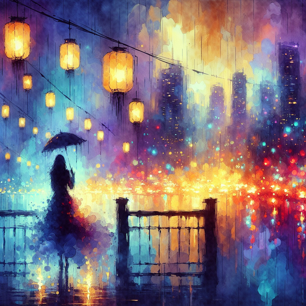 Solitary Figure Under Umbrella by Vibrant Waterfront