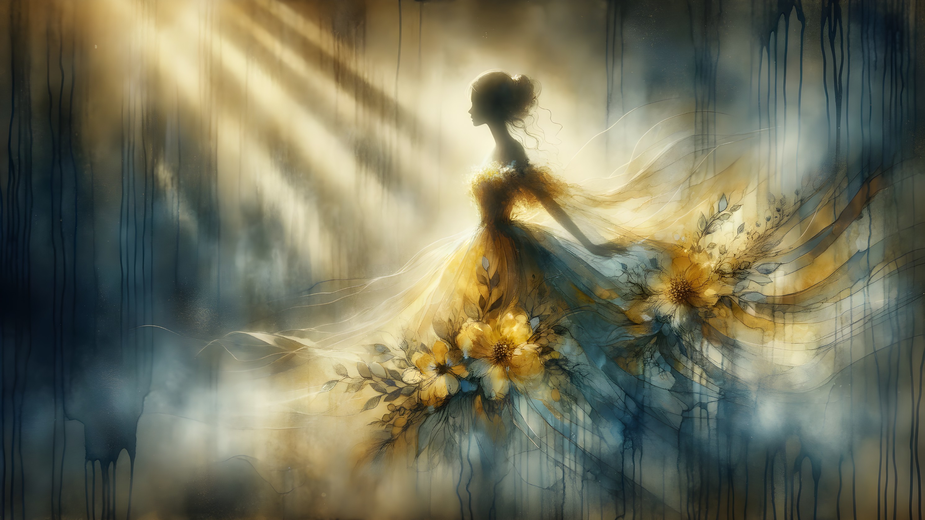 Silhouette of Woman in Floral Gown with Golden Light