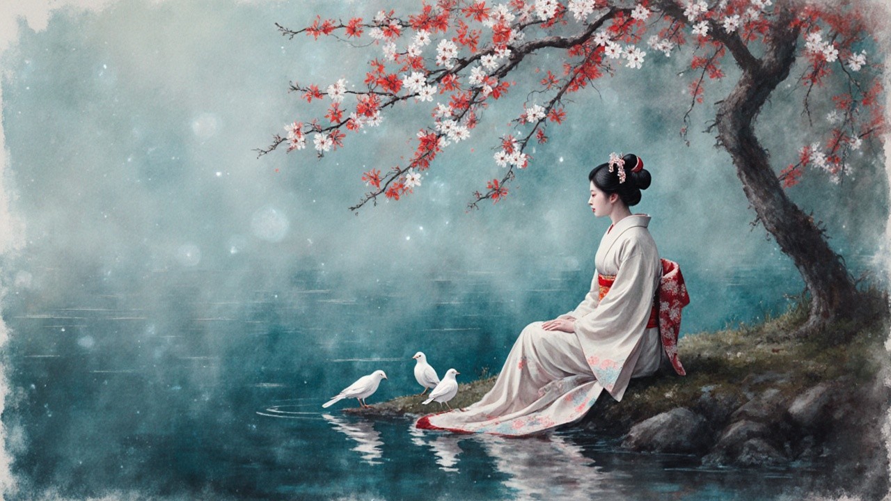 Contemplative Woman by Tranquil Lake with Cherry Blossoms