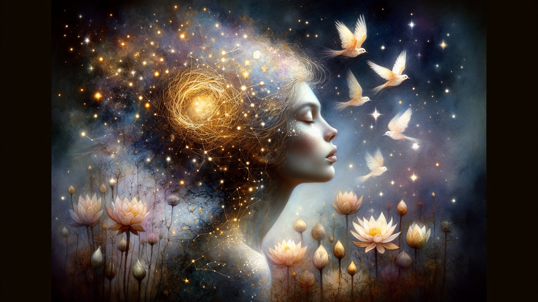 Serene Woman with Celestial Patterns and Lotus Flowers