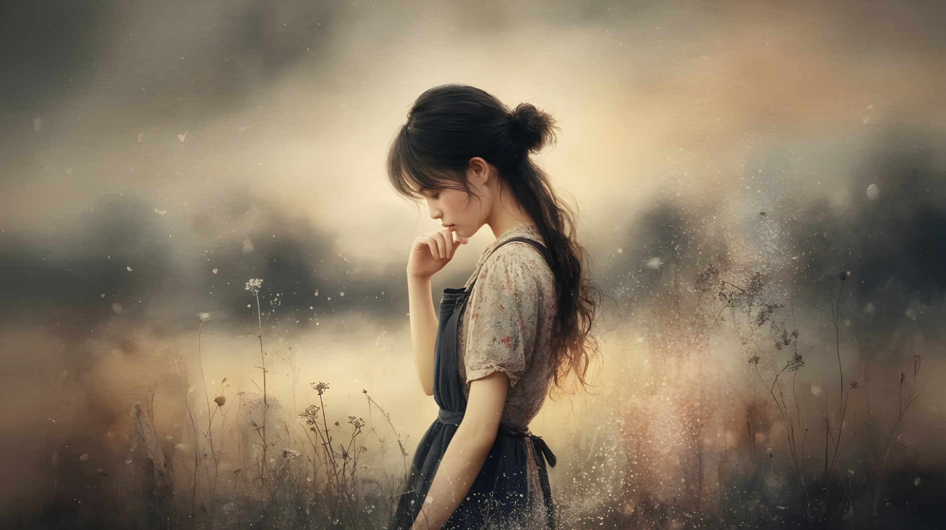 Young woman in dreamy landscape with wildflowers