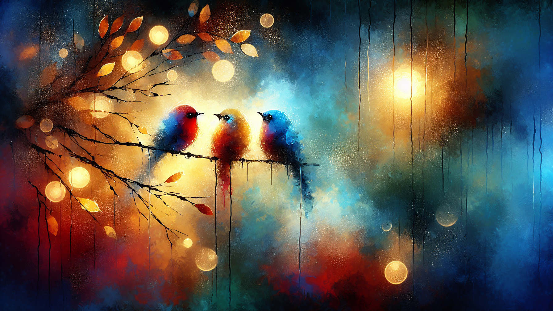 Abstract Scene of Colorful Birds on a Branch
