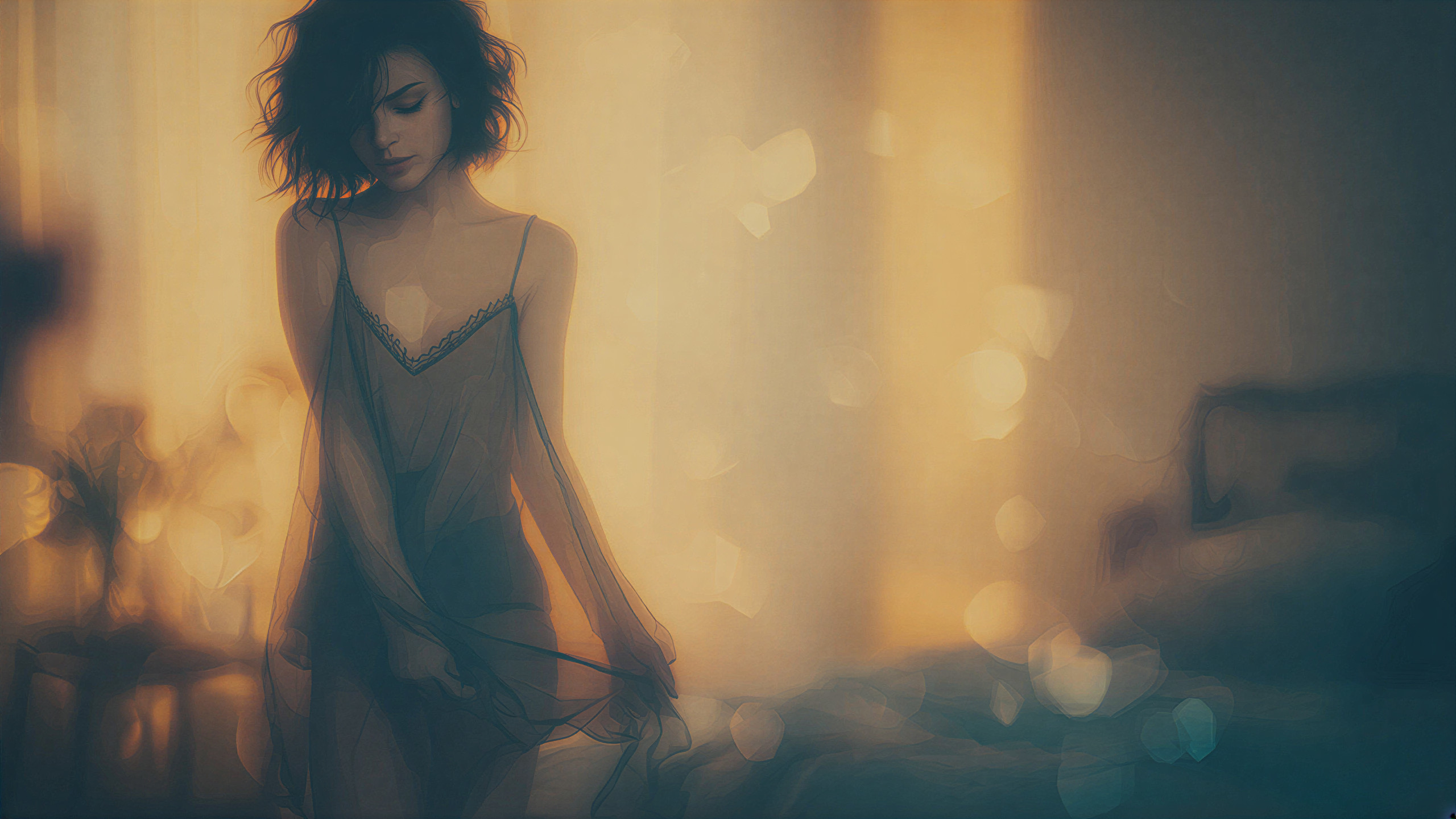 Dreamy Scene of Woman in Sheer Flowing Garment