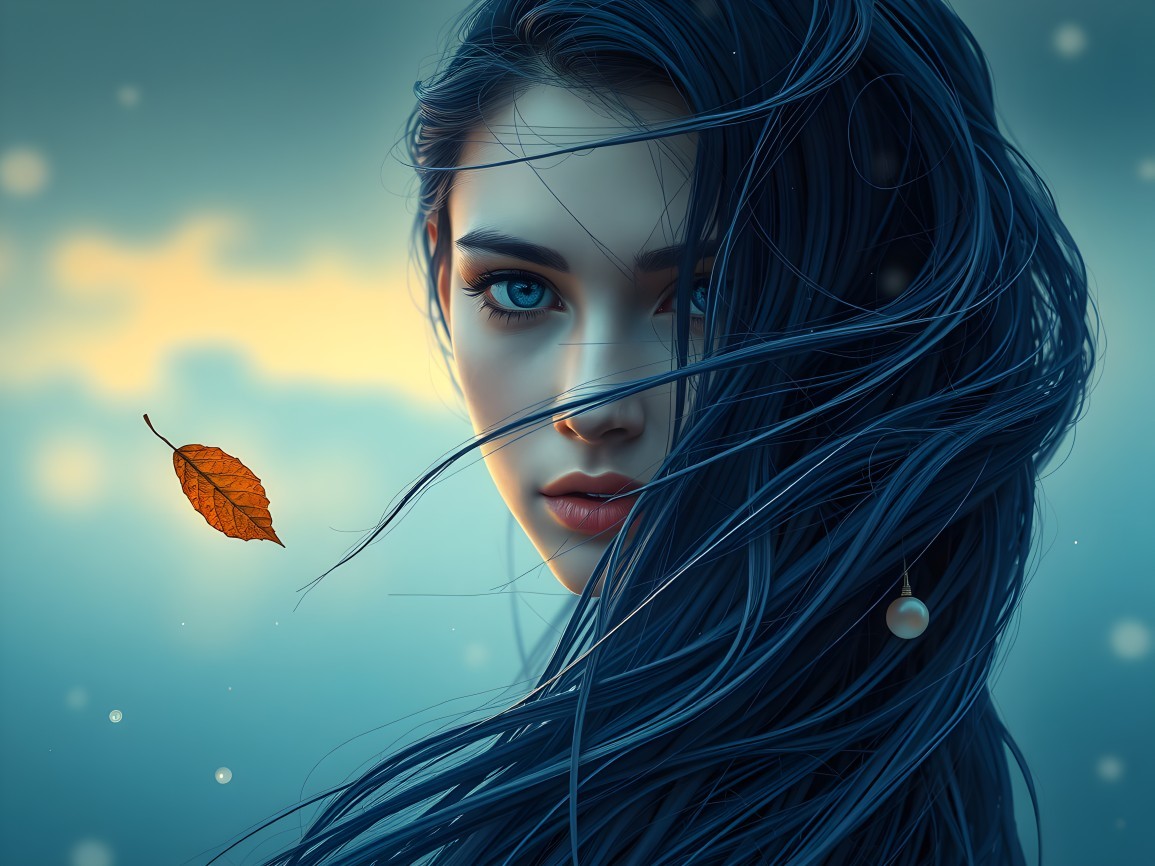 Portrait of a Young Woman with Dark Hair and Blue Eyes