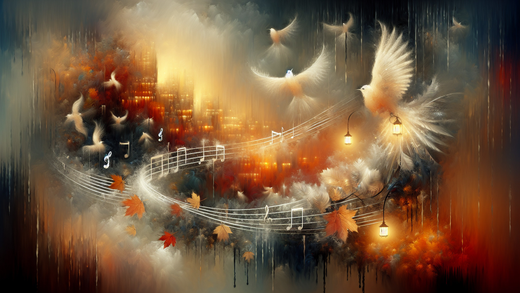 Serene Scene of Doves, Music Notes, and Lanterns