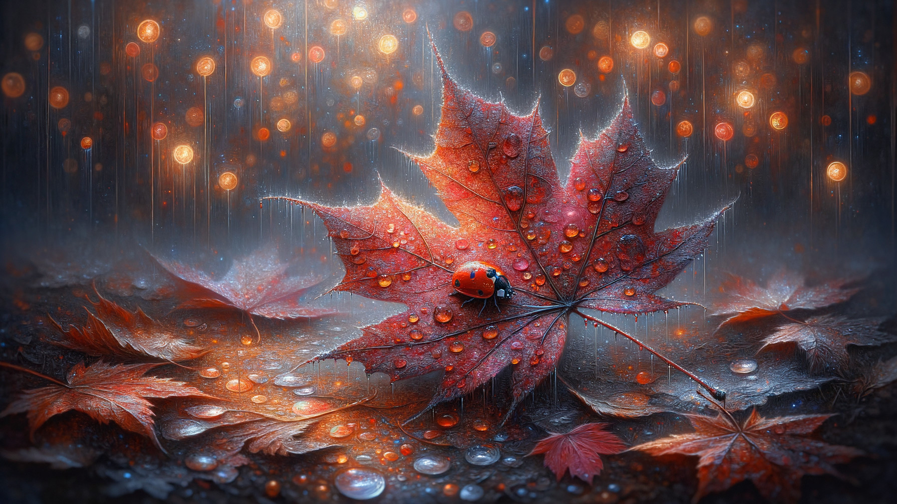 Red Maple Leaf with Water Droplets and Ladybug