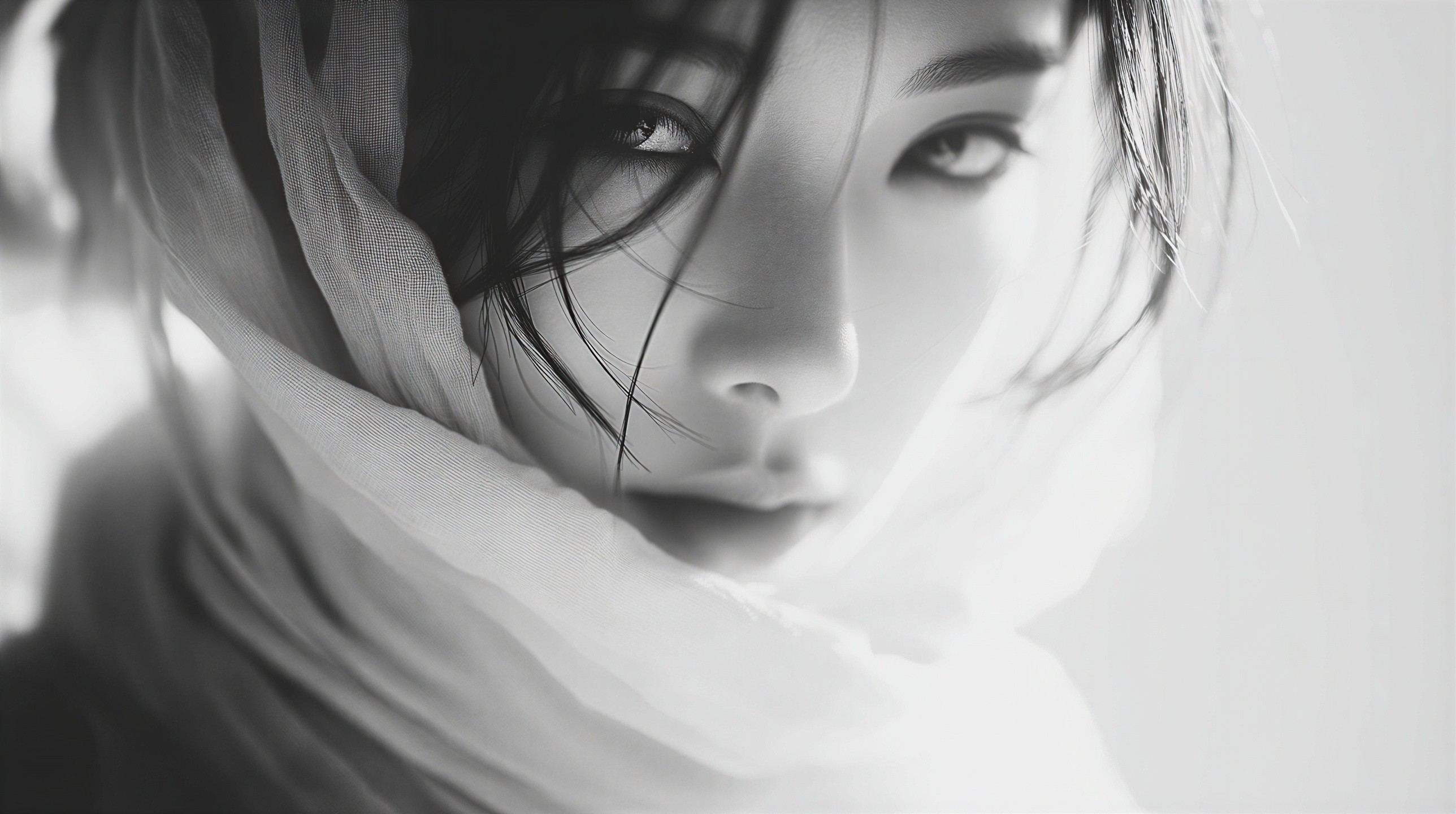 Black and White Portrait of a Young Woman with Scarf