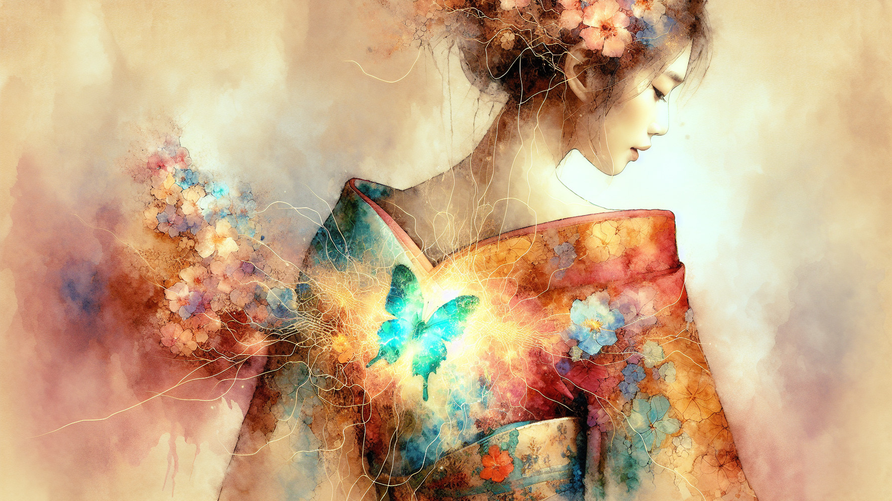 Ethereal Woman in Vibrant Kimono with Floral Patterns