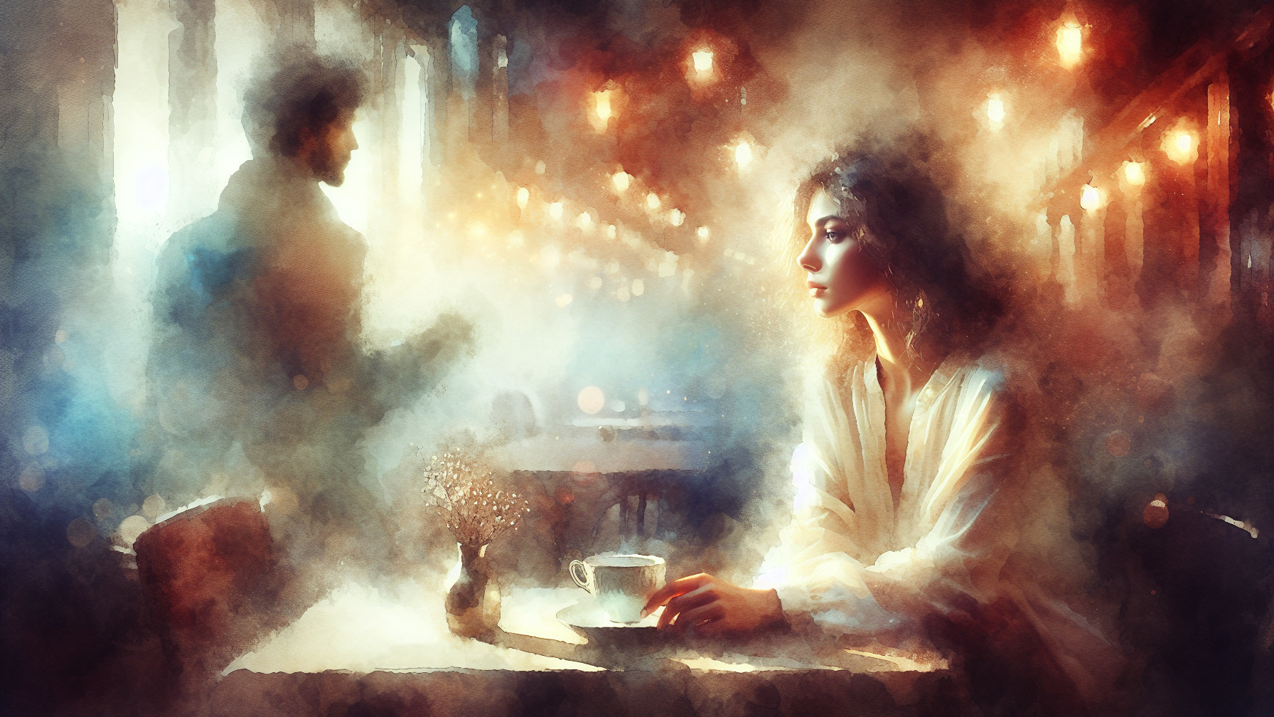 Woman in café with tea and dreamy atmosphere