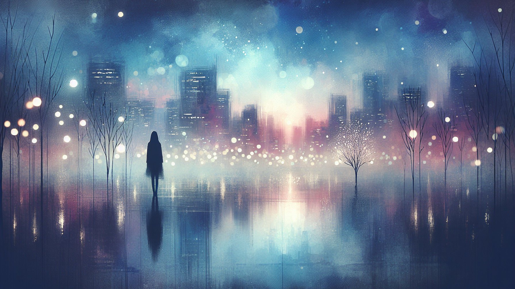 Serene Dusk Cityscape with Ethereal Colors and Lights