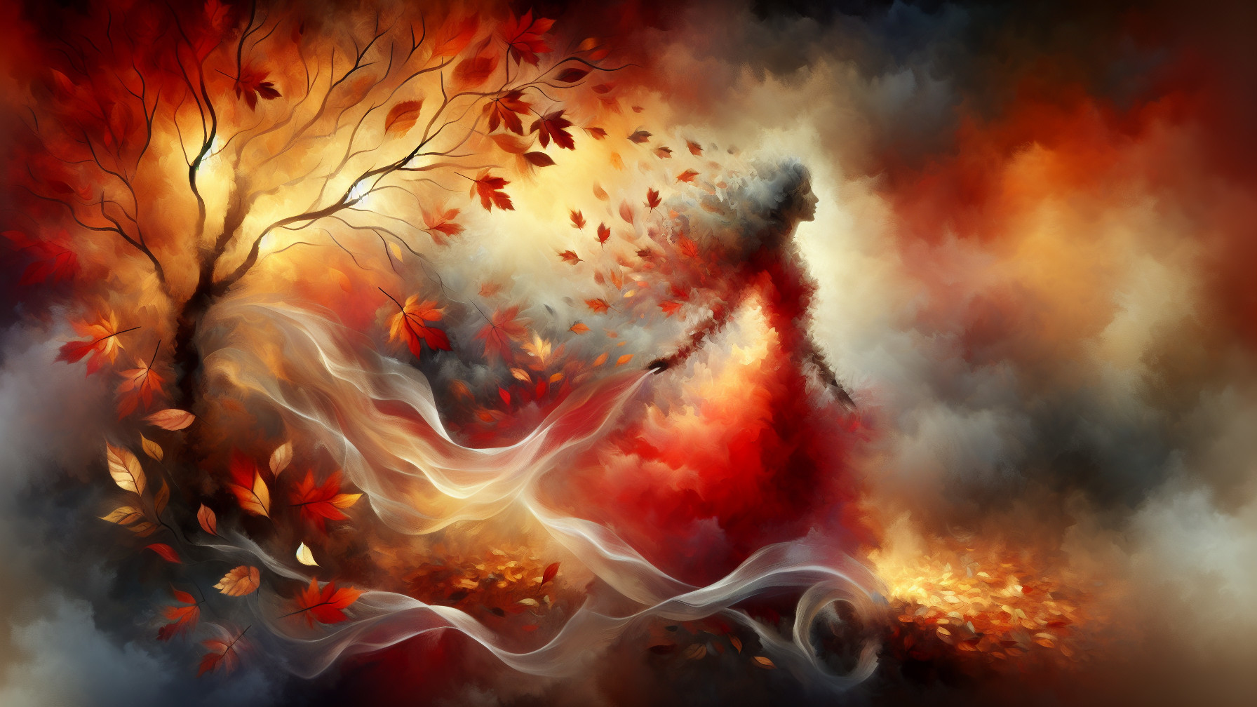 Vibrant Autumn Scene with Flowing Leaves and Tree