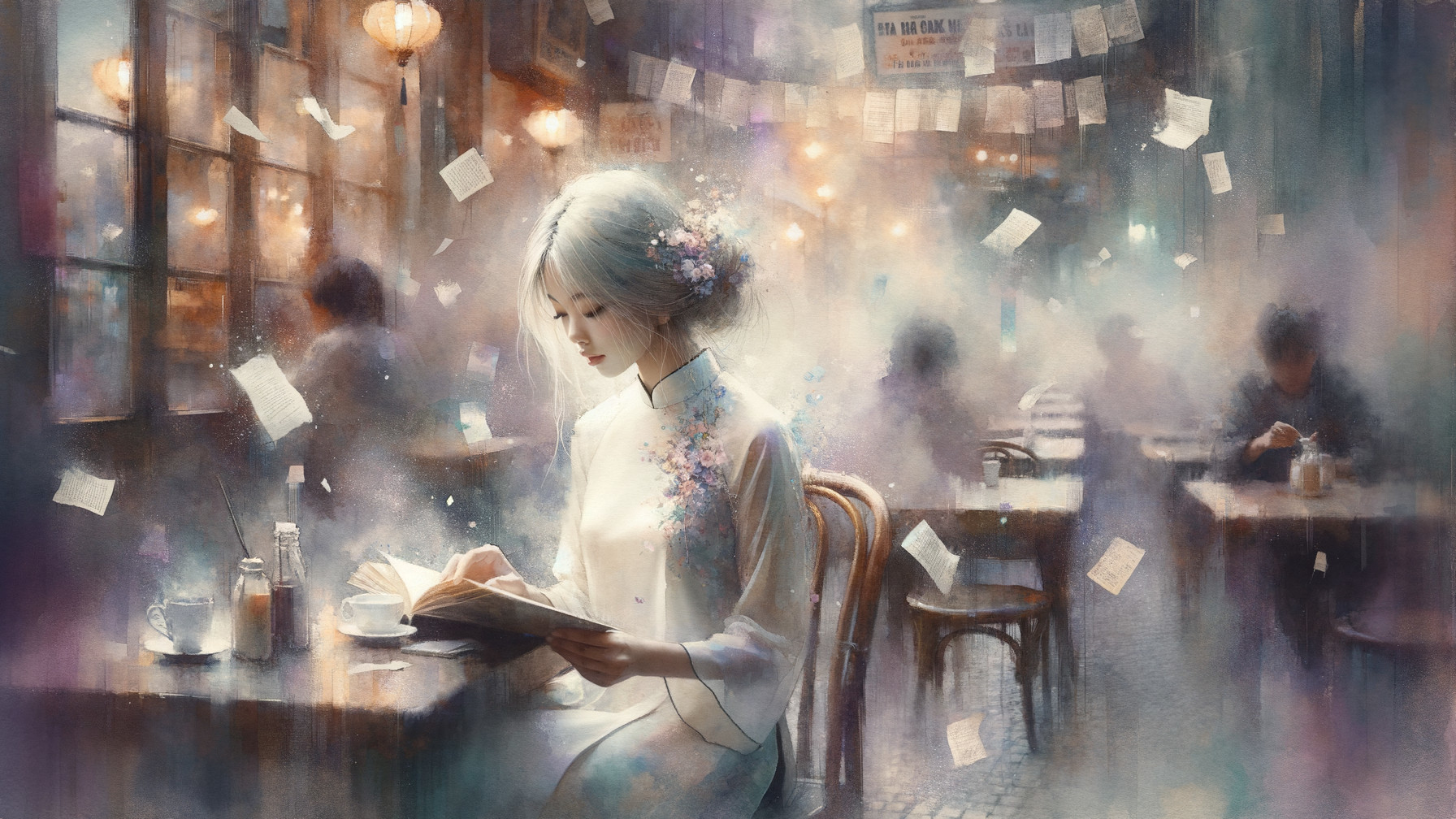 Cozy café scene with a serene woman reading a book